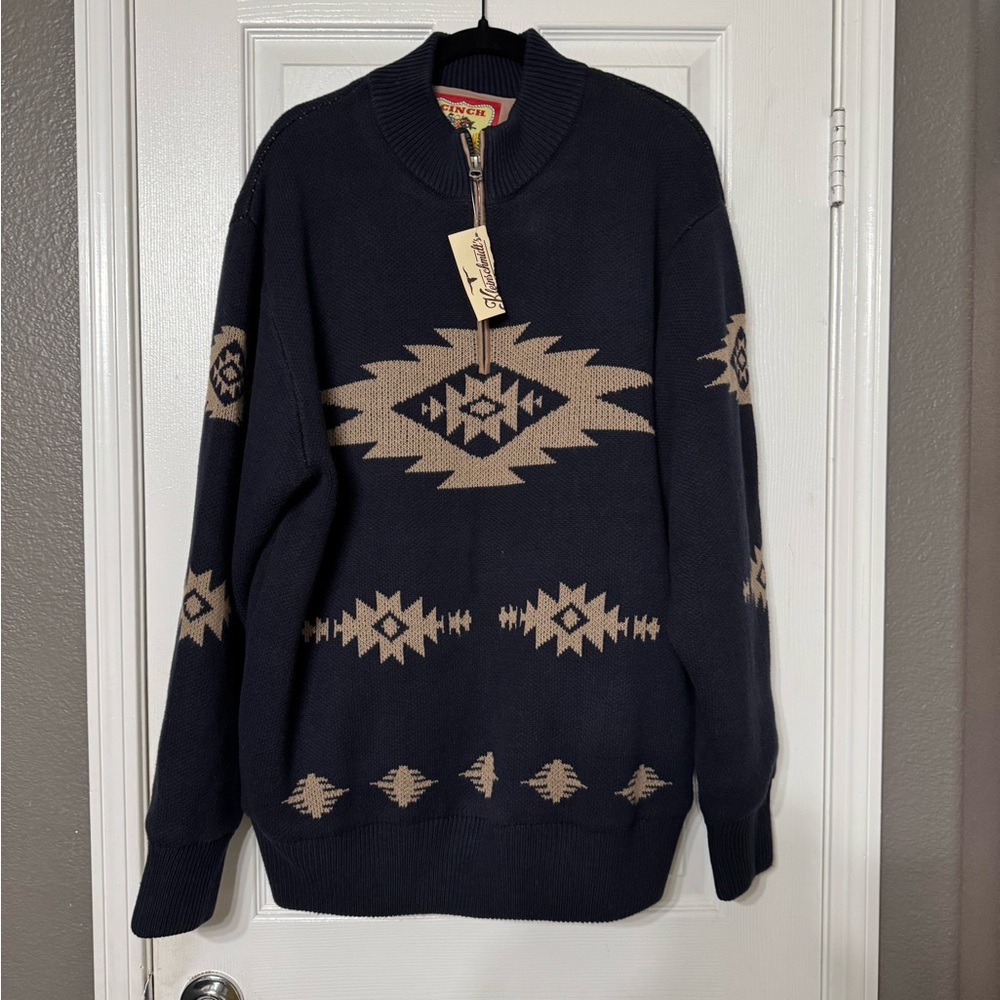 Cinch Navy and Beige 1/4 Zip Up Sweater XL